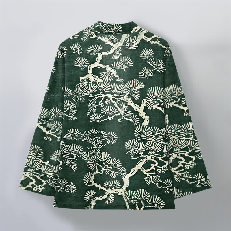 Buddha Stones Kimono de hombre con estampado de abanico de ramas de pino y algodón, frente abierto. - image 8