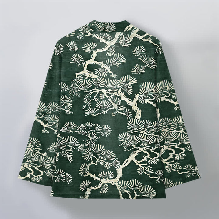 Buddha Stones Kimono de hombre con estampado de abanico de ramas de pino y algodón, frente abierto. - image 8