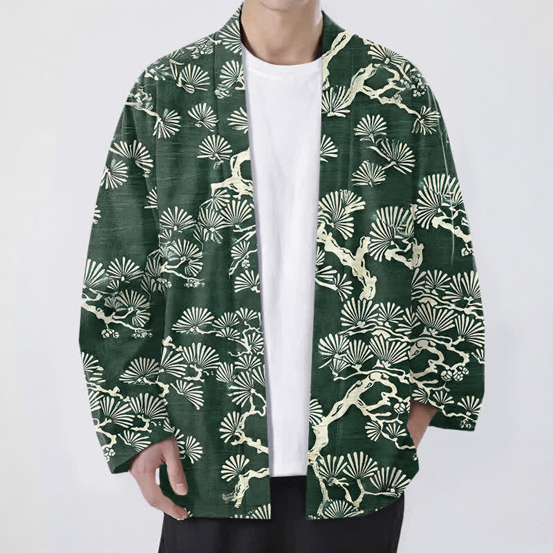 Buddha Stones Kimono de hombre con estampado de abanico de ramas de pino y algodón, frente abierto. - Verde bosque - US/UK/AU48, UE58 (4XL) - image 6