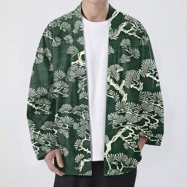 Buddha Stones Kimono de hombre con estampado de abanico de ramas de pino y algodón, frente abierto. - Verde bosque - US/UK/AU48, UE58 (4XL) - image 6