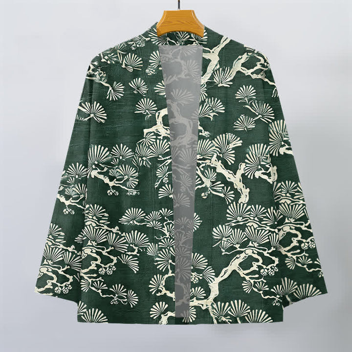 Buddha Stones Kimono de hombre con estampado de abanico de ramas de pino y algodón, frente abierto. - image 7