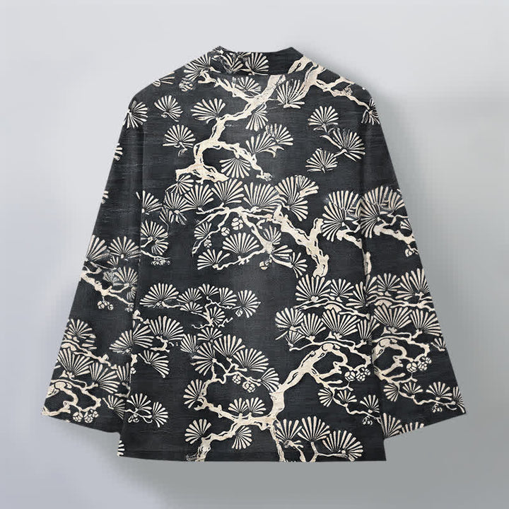 Buddha Stones Kimono de hombre con estampado de abanico de ramas de pino y algodón, frente abierto. - image 11