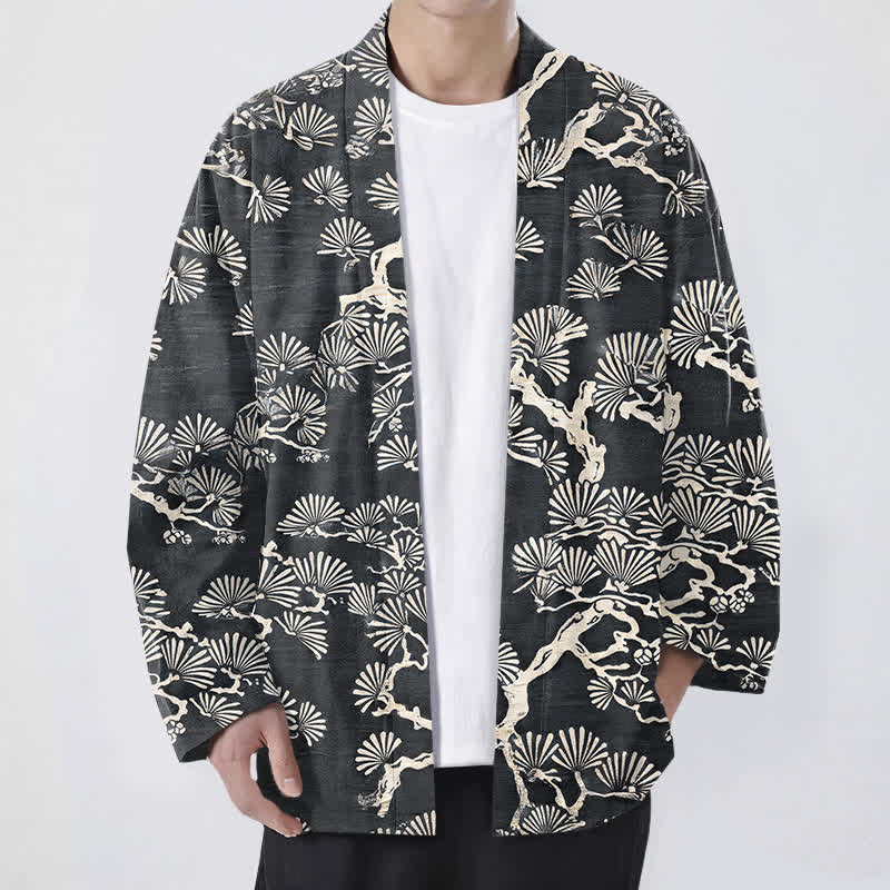 Buddha Stones Kimono de hombre con estampado de abanico de ramas de pino y algodón, frente abierto. - Gris oscuro - US/UK/AU48, UE58 (4XL) - image 9