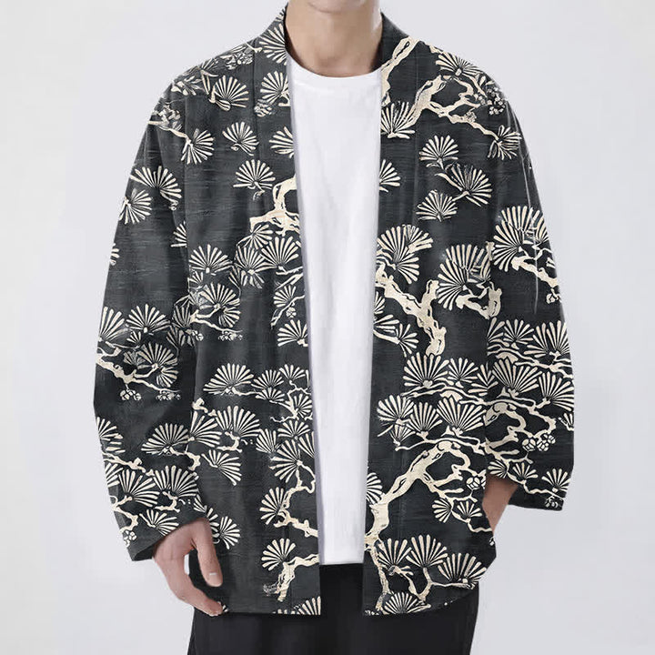Buddha Stones Kimono de hombre con estampado de abanico de ramas de pino y algodón, frente abierto. - Gris oscuro - US/UK/AU48, UE58 (4XL) - image 9