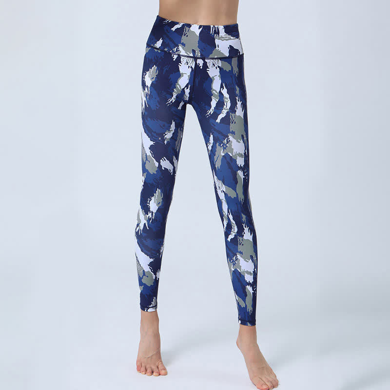 Buddha Stones flores hojas impresión deportes fitness yoga cintura alta polainas pantalones de yoga para mujer - Blanco azul oscuro - US8-10, UK/AU12-14, EU40-42 (XL) - image 1