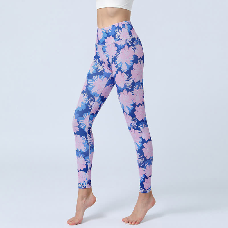 Buddha Stones flores hojas impresión deportes fitness yoga cintura alta polainas pantalones de yoga para mujer - Flores de color rosa azulado - US8-10, UK/AU12-14, EU40-42 (XL) - image 7