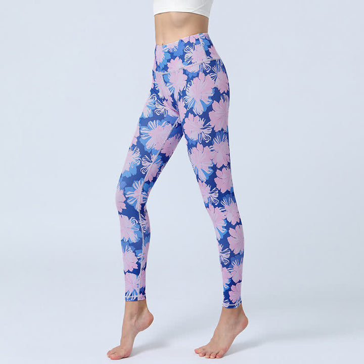 Buddha Stones flores hojas impresión deportes fitness yoga cintura alta polainas pantalones de yoga para mujer - Flores de color rosa azulado - US8-10, UK/AU12-14, EU40-42 (XL) - image 7