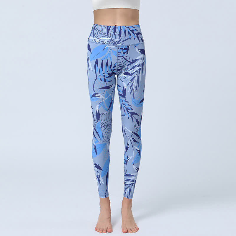 Buddha Stones flores hojas impresión deportes fitness yoga cintura alta polainas pantalones de yoga para mujer - hojas azul claro - US8-10, UK/AU12-14, EU40-42 (XL) - image 10