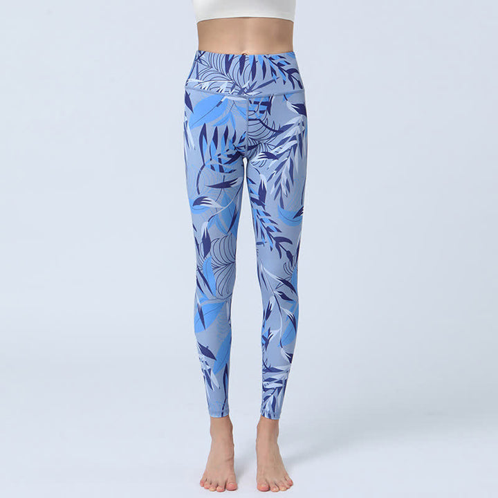 Buddha Stones flores hojas impresión deportes fitness yoga cintura alta polainas pantalones de yoga para mujer - hojas azul claro - US8-10, UK/AU12-14, EU40-42 (XL) - image 10
