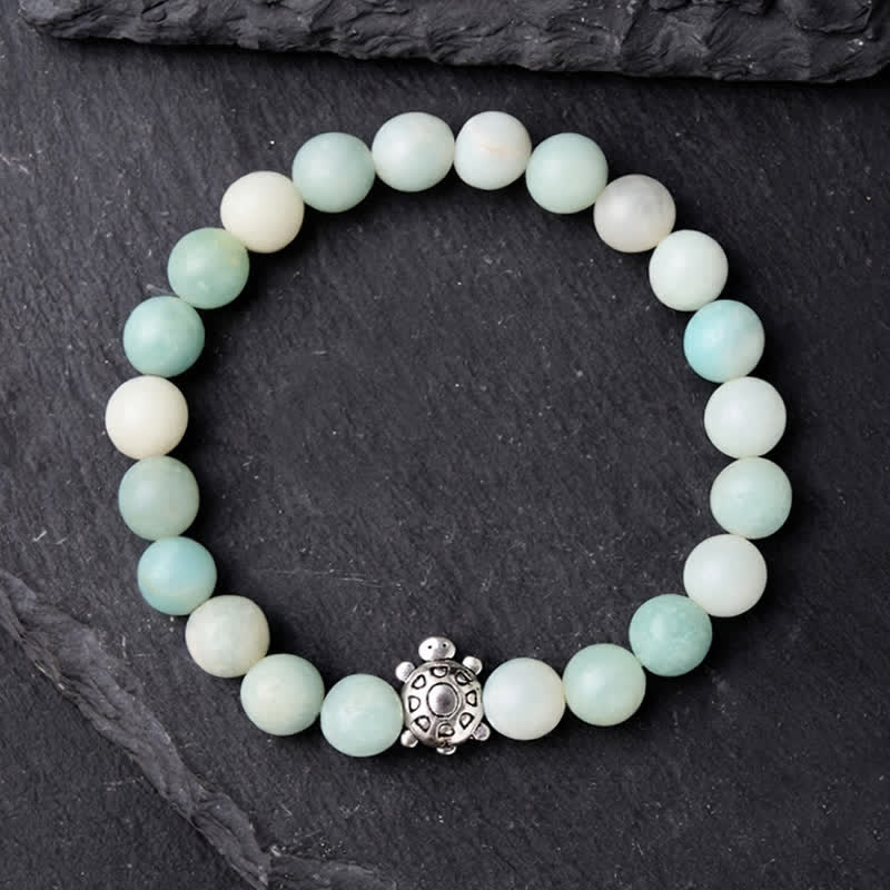 Buddha Stones Pulsera de cuentas redondas de amazonita y cobre con forma de tortuga, pulida a mano. - image 3