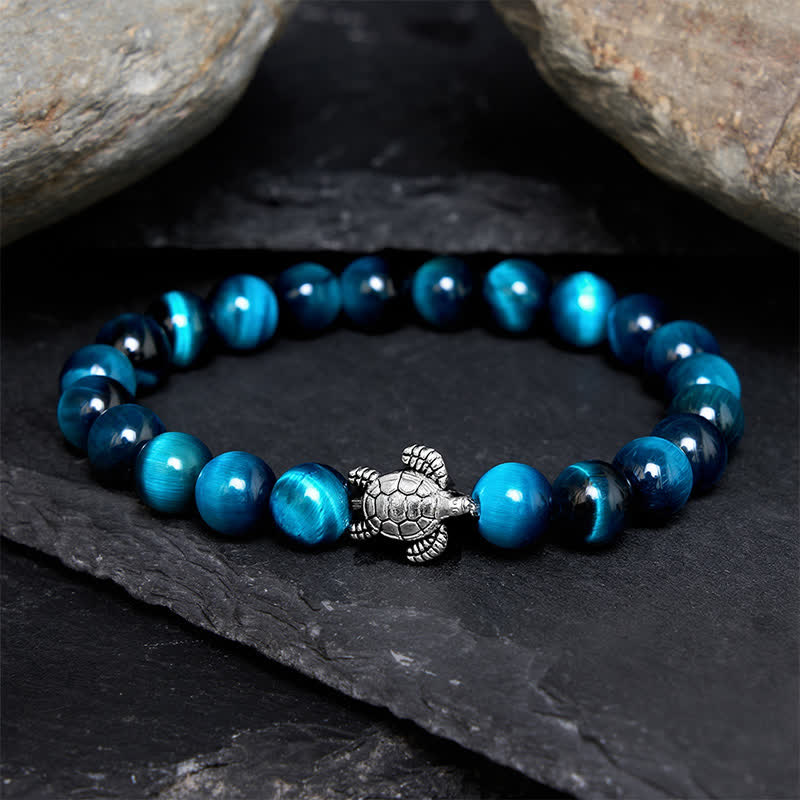 Buddha Stones Pulsera poderosa de tortuga de cobre con ojo de tigre azul - Ojo de tigre azul de 8 mm (circunferencia de la muñeca: 15-16 cm) - image 9