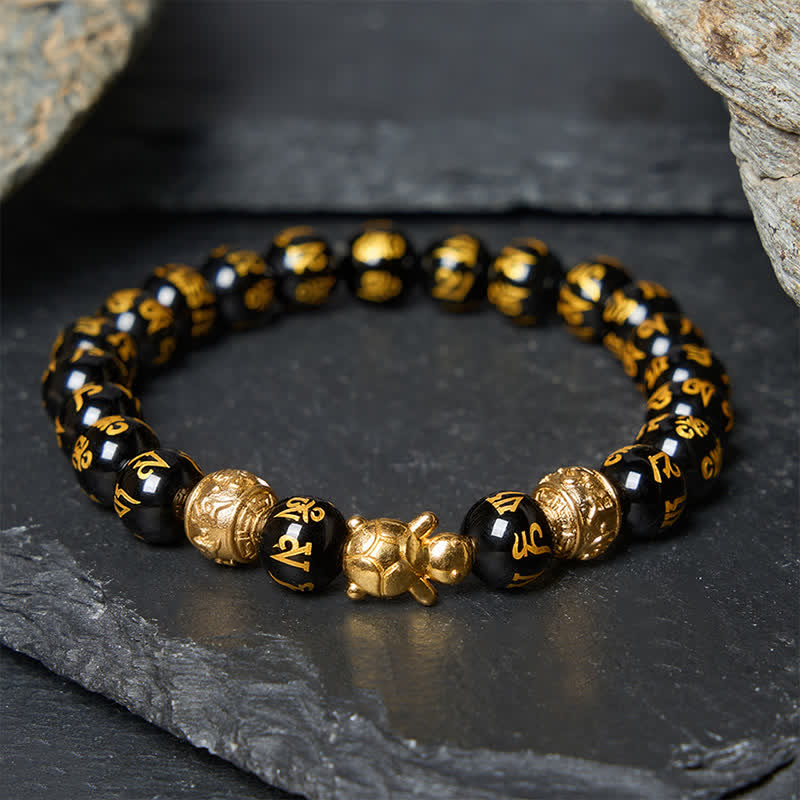 Buddha Stones Pulsera de la Fuerza de la Tortuga Om Mani Padme Hum con cuentas de ónix negro natural - Ónix negro de 8 mm (circunferencia de la muñeca: 15-16 cm) - image 0