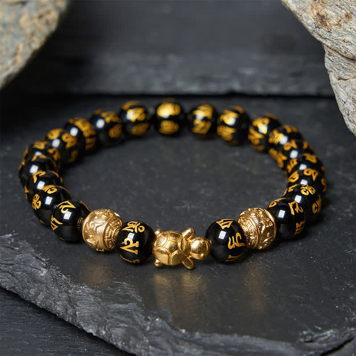 Buddha Stones Pulsera de la Fuerza de la Tortuga Om Mani Padme Hum con cuentas de ónix negro natural - Ónix negro de 8 mm (circunferencia de la muñeca: 15-16 cm) - image 0