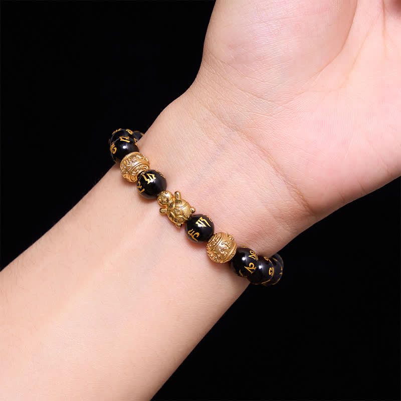 Buddha Stones Pulsera de la Fuerza de la Tortuga Om Mani Padme Hum con cuentas de ónix negro natural - image 4