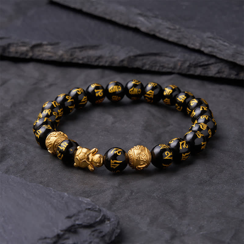 Buddha Stones Pulsera de la Fuerza de la Tortuga Om Mani Padme Hum con cuentas de ónix negro natural - image 2