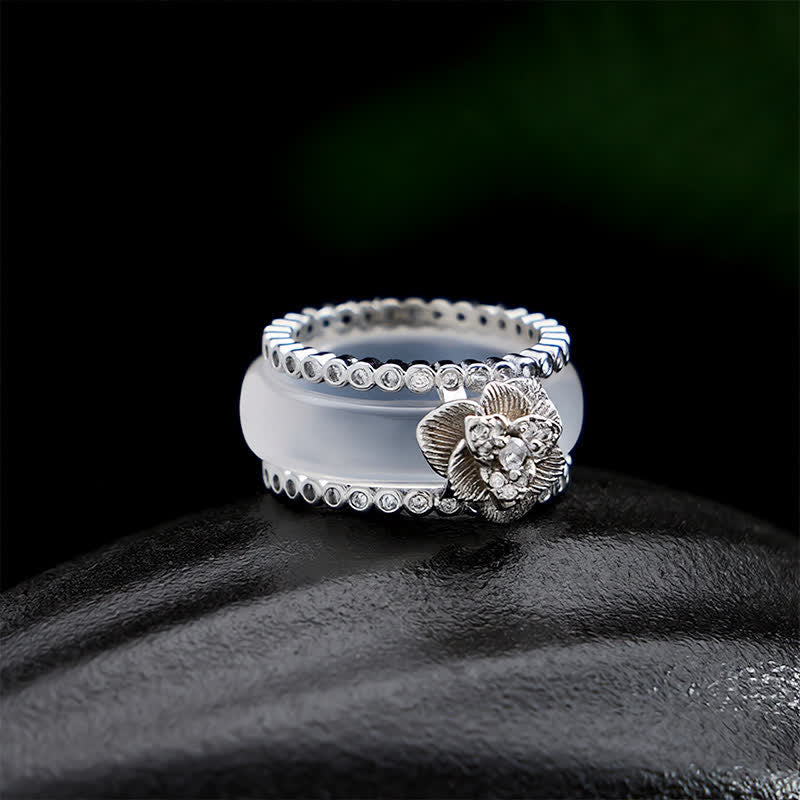 Buddha Stones Anillo retro chino de capas con camelia blanca incrustada en cobre - Anillo de camelia blanca - US7 (17,3 mm) - image 0