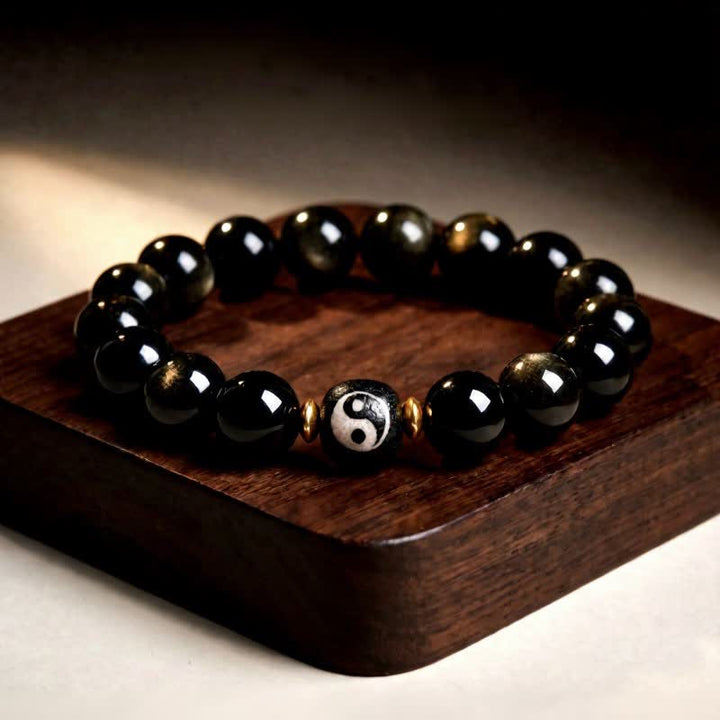 Buddha Stones Pulsera de protección y equilibrio Yin Yang de obsidiana con brillo dorado - Obsidiana con brillo dorado - 12 mm (6,7–7,1 pulgadas/17–18 cm) - image 0