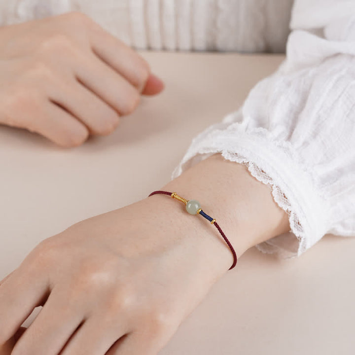 Buddha Stones Pulsera tobillera ajustable de cuentas redondas de jade con hilo rojo y diseño de armonía. - image 5