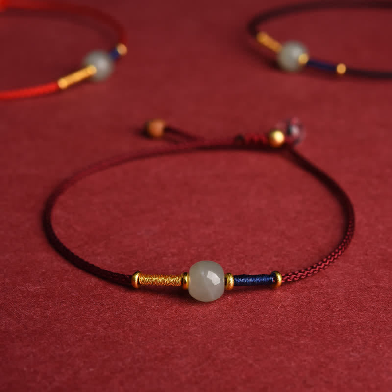 Buddha Stones Pulsera tobillera ajustable de cuentas redondas de jade con hilo rojo y diseño de armonía. - Pulsera - Rojo oscuro (15–21 cm) - image 0