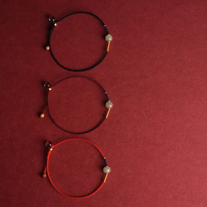 Buddha Stones Pulsera tobillera ajustable de cuentas redondas de jade con hilo rojo y diseño de armonía. - image 12