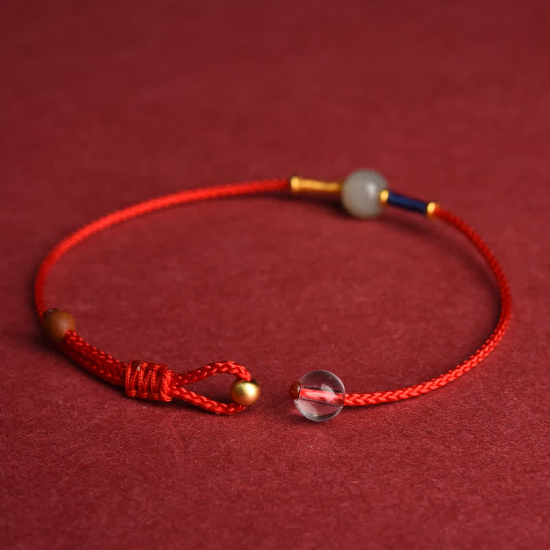 Buddha Stones Pulsera tobillera ajustable de cuentas redondas de jade con hilo rojo y diseño de armonía. - image 3