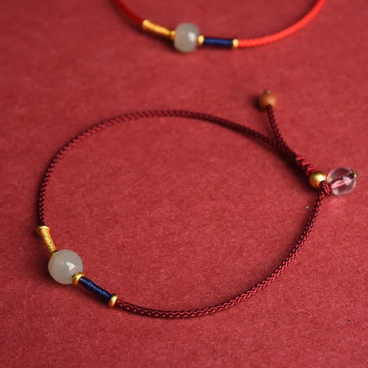 Buddha Stones Pulsera tobillera ajustable de cuentas redondas de jade con hilo rojo y diseño de armonía. - image 1