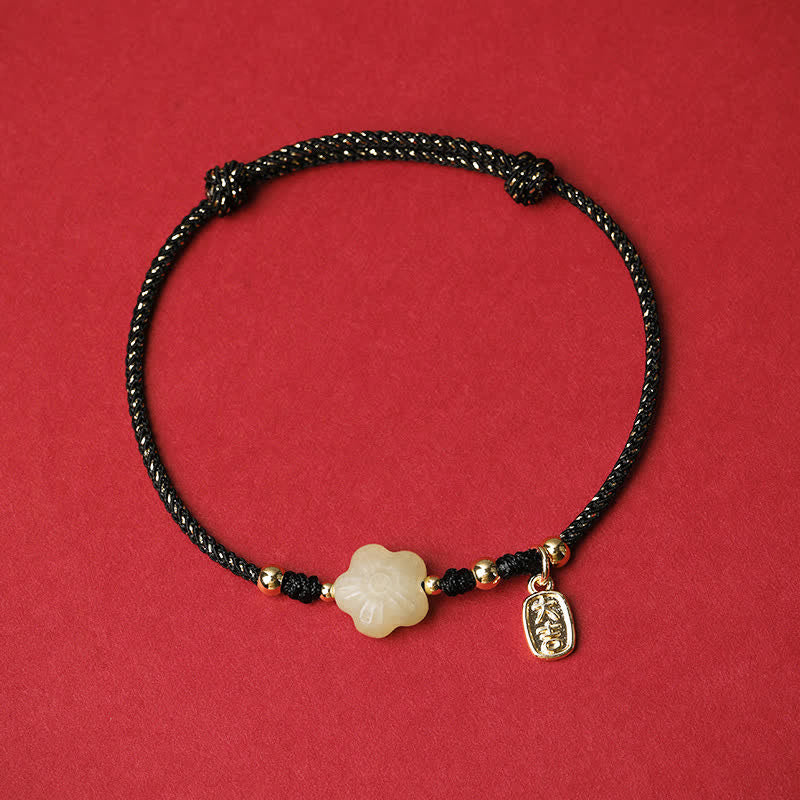 Buddha Stones Pulsera protectora ajustable con cordón floral de jade cian Lucky Hetian - Negro (Circunferencia de la muñeca: 15–19 cm) - image 2
