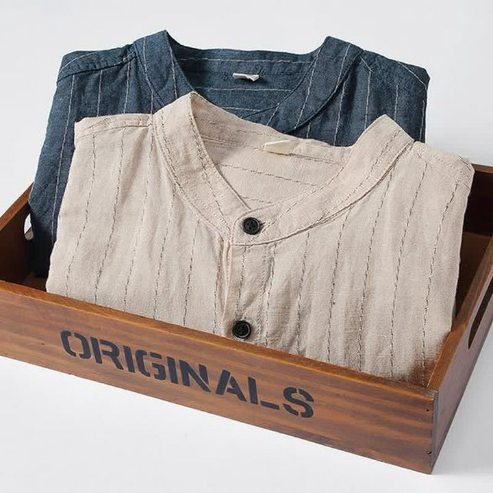 Buddha Stones Camisas de manga larga de lino a rayas estilo Tang para hombre, con cuello mandarín, estilo casual de primavera/verano y bolsillo. - image 8