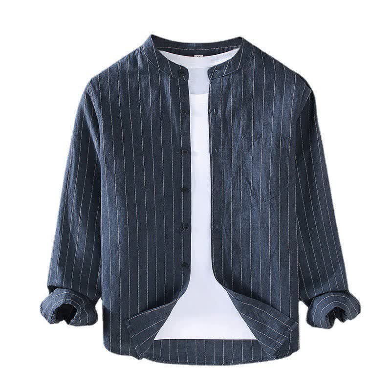 Buddha Stones Camisas de manga larga de lino a rayas estilo Tang para hombre, con cuello mandarín, estilo casual de primavera/verano y bolsillo. - image 1