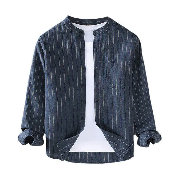 Buddha Stones Camisas de manga larga de lino a rayas estilo Tang para hombre, con cuello mandarín, estilo casual de primavera/verano y bolsillo. - image 1