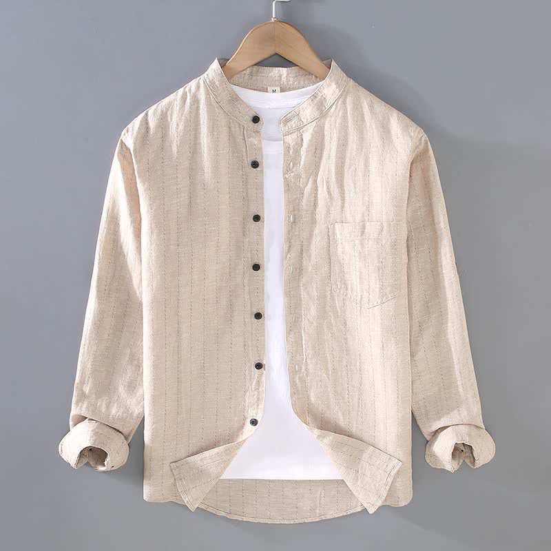 Buddha Stones Camisas de manga larga de lino a rayas estilo Tang para hombre, con cuello mandarín, estilo casual de primavera/verano y bolsillo. - Caqui - US/UK/AU42, EU52 (3XL) - image 2