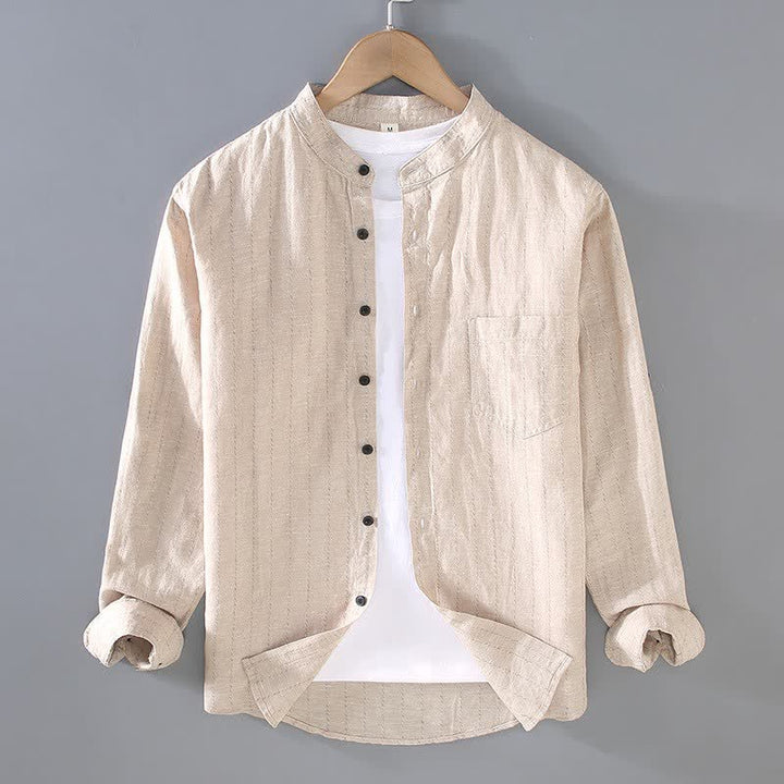 Buddha Stones Camisas de manga larga de lino a rayas estilo Tang para hombre, con cuello mandarín, estilo casual de primavera/verano y bolsillo. - Caqui - US/UK/AU42, EU52 (3XL) - image 2