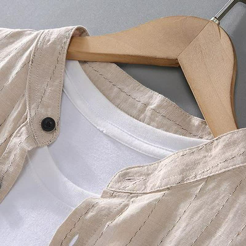 Buddha Stones Camisas de manga larga de lino a rayas estilo Tang para hombre, con cuello mandarín, estilo casual de primavera/verano y bolsillo. - image 4