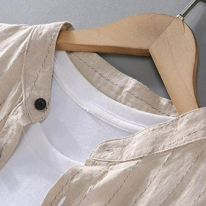Buddha Stones Camisas de manga larga de lino a rayas estilo Tang para hombre, con cuello mandarín, estilo casual de primavera/verano y bolsillo. - image 4