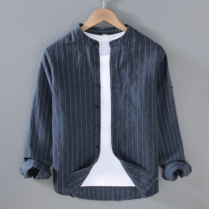 Buddha Stones Camisas de manga larga de lino a rayas estilo Tang para hombre, con cuello mandarín, estilo casual de primavera/verano y bolsillo. - Azul medianoche - US/UK/AU42, EU52 (3XL) - image 0