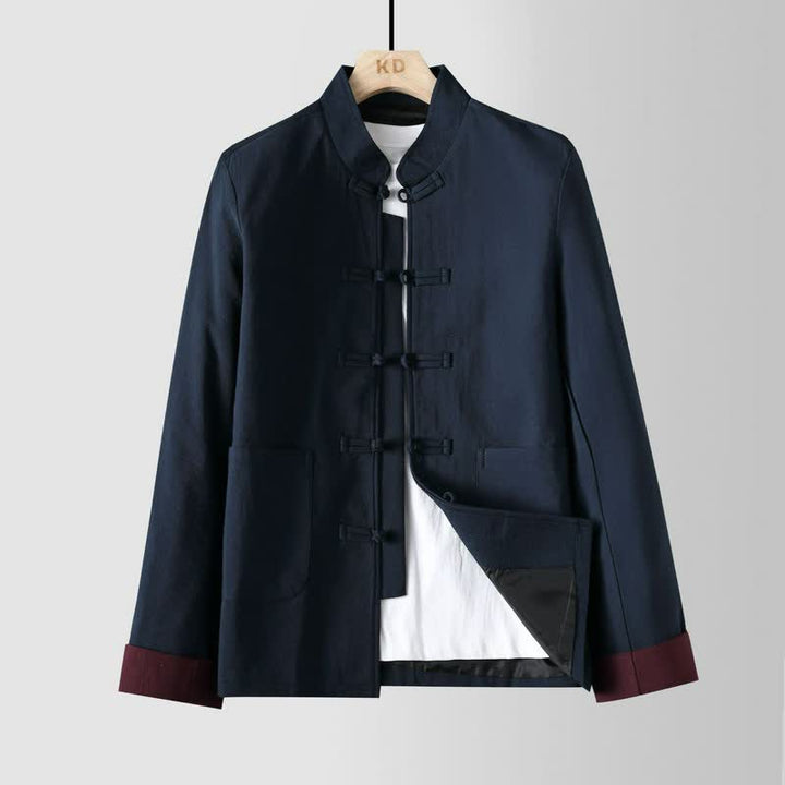 Buddha Stones Chaquetas de hombre de estilo Tang vintage con cuello mandarín, botones de rana y bolsillos, ideales para otoño e invierno. - Marina de guerra - US/UK/AU48, EU58 (6XL) - image 0