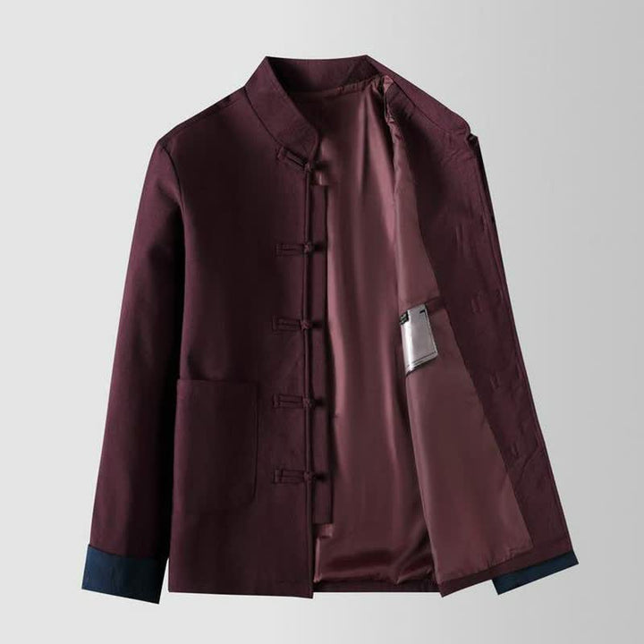 Buddha Stones Chaquetas de hombre de estilo Tang vintage con cuello mandarín, botones de rana y bolsillos, ideales para otoño e invierno. - image 4