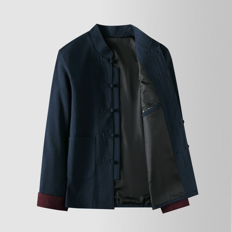 Buddha Stones Chaquetas de hombre de estilo Tang vintage con cuello mandarín, botones de rana y bolsillos, ideales para otoño e invierno. - image 1