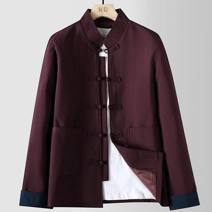Buddha Stones Chaquetas de hombre de estilo Tang vintage con cuello mandarín, botones de rana y bolsillos, ideales para otoño e invierno. - Granate - US/UK/AU48, EU58 (6XL) - image 3