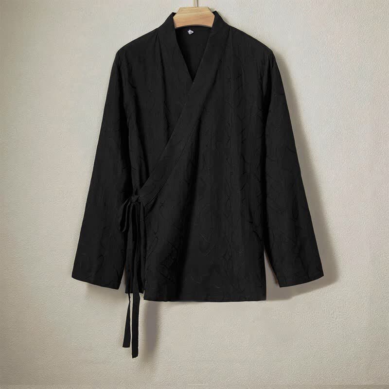 Buddha Stones Camisas de manga larga para hombre de algodón liso, estilo casual minimalista con cordón, ideales para primavera y verano. - Negro - US/UK/AU44, EU54 (4XL) - image 0