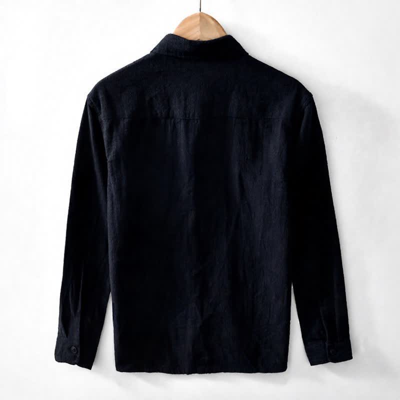 Buddha Stones Camisas de manga larga para hombre de ramio liso, estilo casual vintage, con botones y parches. - image 13