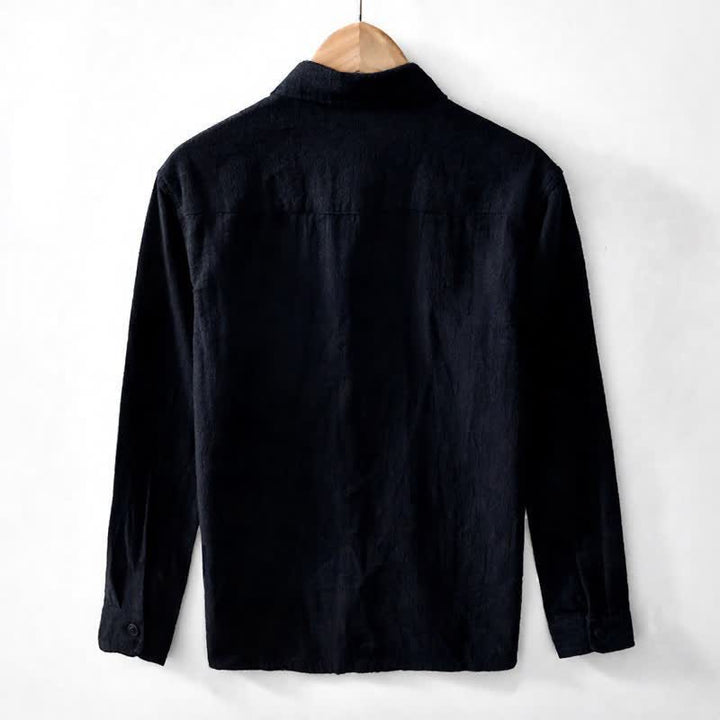Buddha Stones Camisas de manga larga para hombre de ramio liso, estilo casual vintage, con botones y parches. - image 13