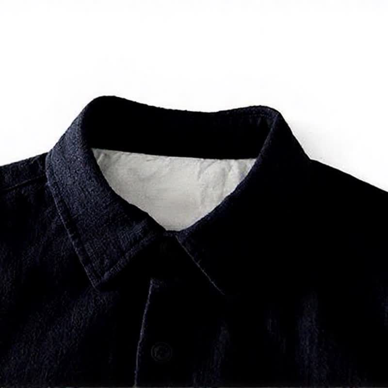 Buddha Stones Camisas de manga larga para hombre de ramio liso, estilo casual vintage, con botones y parches. - image 14