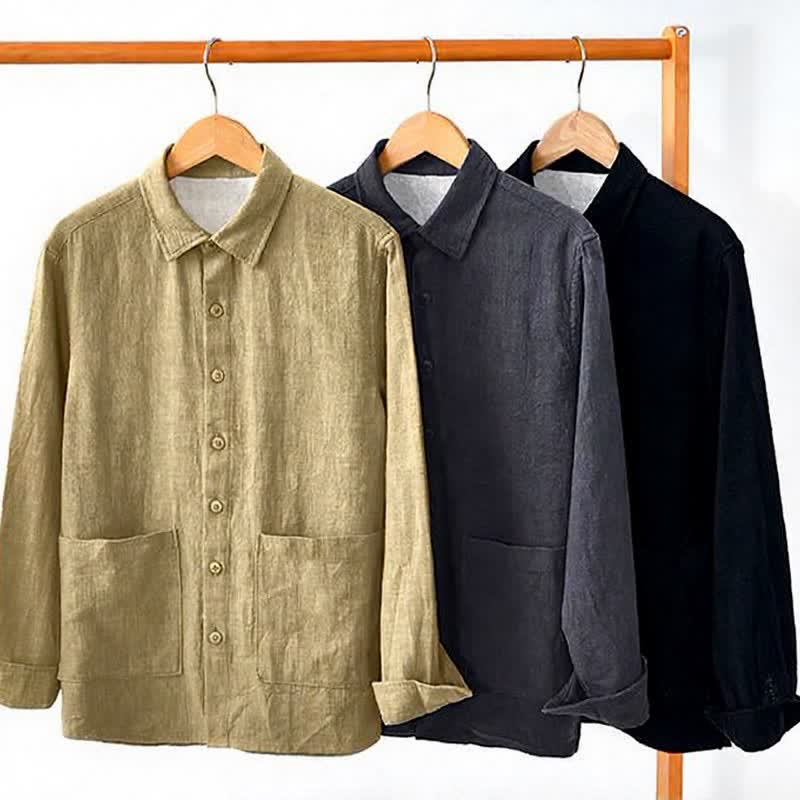 Buddha Stones Camisas de manga larga para hombre de ramio liso, estilo casual vintage, con botones y parches. - image 18