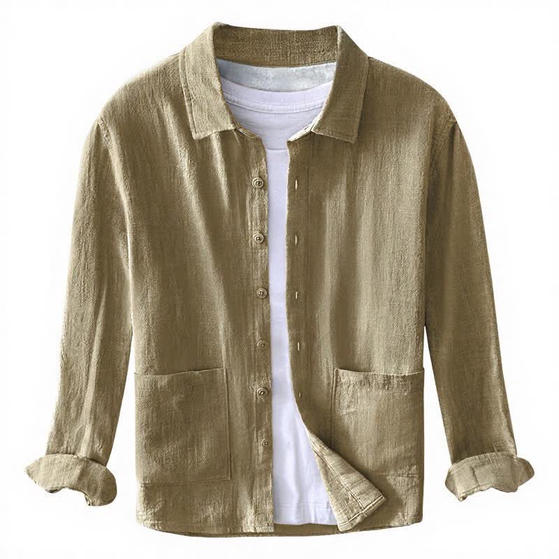 Buddha Stones Camisas de manga larga para hombre de ramio liso, estilo casual vintage, con botones y parches. - image 1