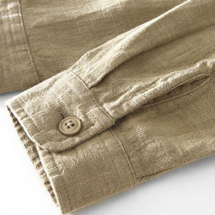 Buddha Stones Camisas de manga larga para hombre de ramio liso, estilo casual vintage, con botones y parches. - image 5
