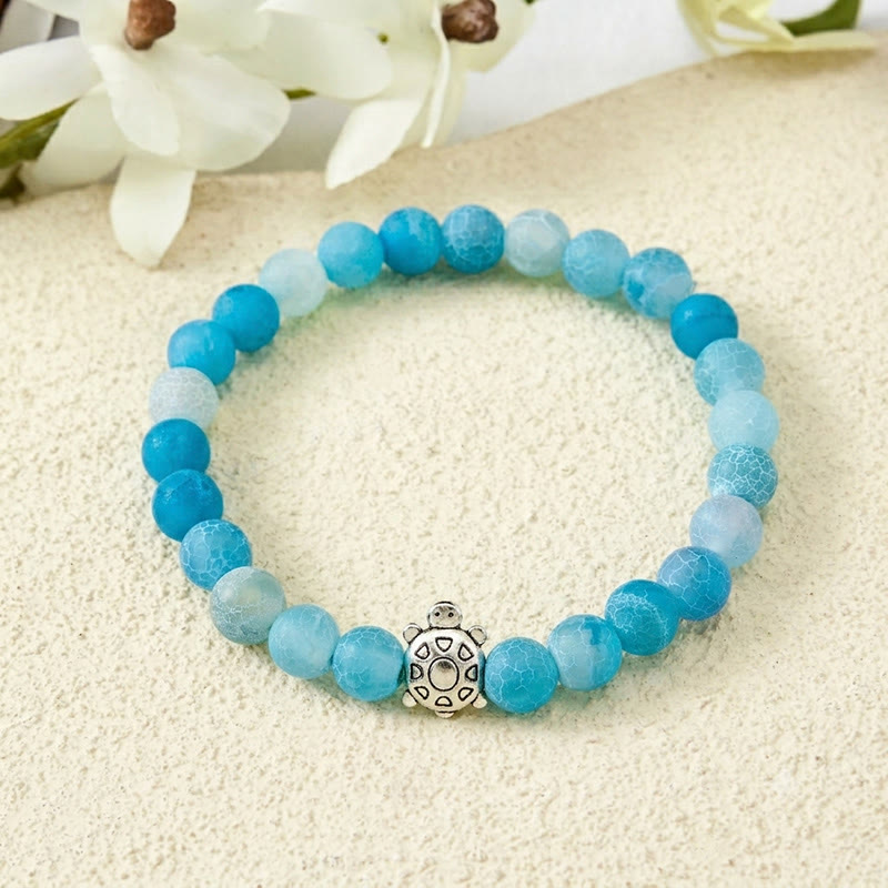 Buddha Stones Pulsera de cuentas de ágata azul craquelada con diseño de tortuga y diseño de tortuga. - Ágata azul craquelada (circunferencia de la muñeca: 15-16 cm) - image 0