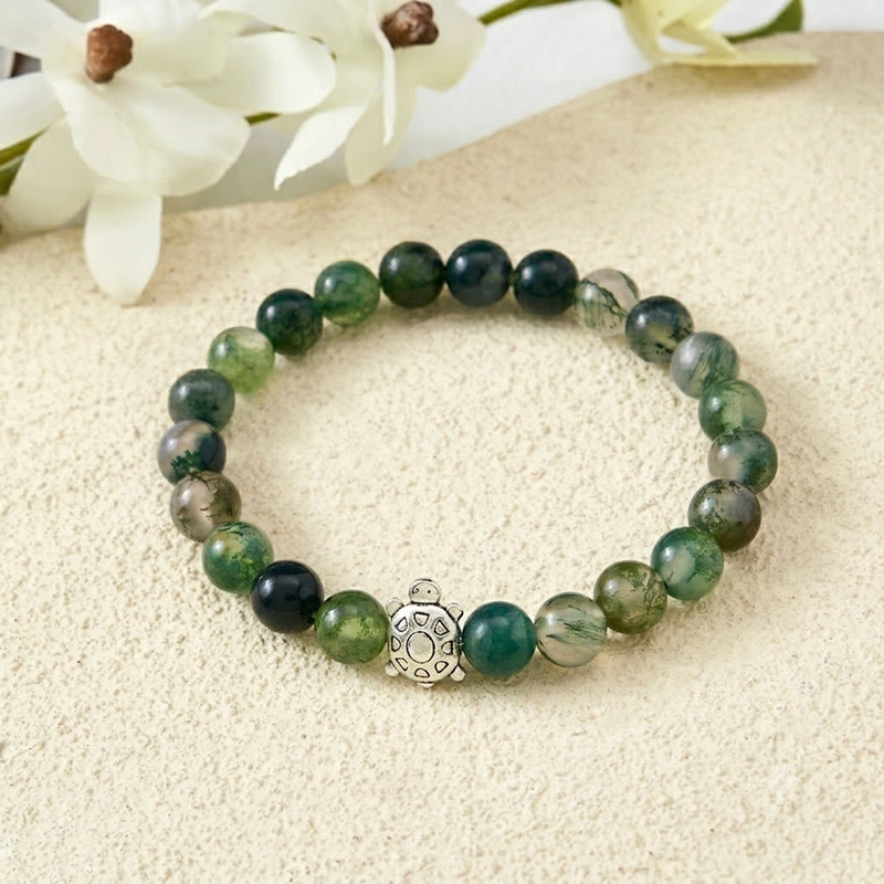 Buddha Stones Pulsera de cobre y ágata musgosa con diseño de tortuga. - Ágata musgosa de 8 mm (circunferencia de la muñeca: 15-16 cm) - image 0