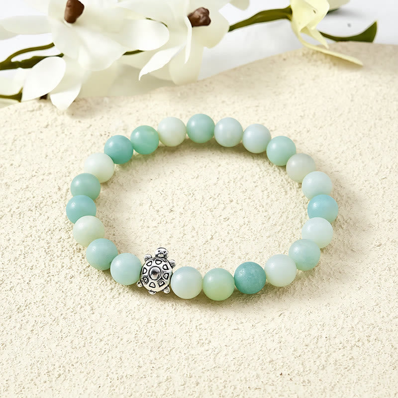 Buddha Stones Pulsera de cuentas redondas de amazonita y cobre con forma de tortuga, pulida a mano. - Amazonita (Circunferencia de la muñeca: 5,9–6,3 pulgadas / 15–16 cm) - image 0