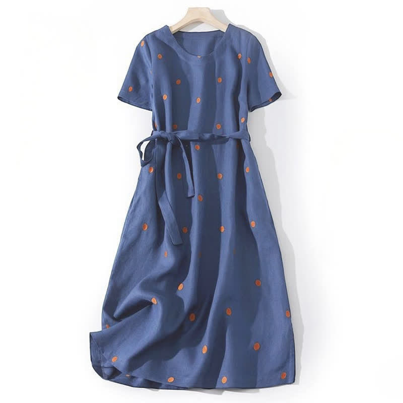 Vestido midi de mujer con estampado de puntos de Buddha Stones, manga corta, cordones y bolsillos. - Azul oscuro - US8-10，UK/AU12-14，EU40-42 (2XL) - image 0